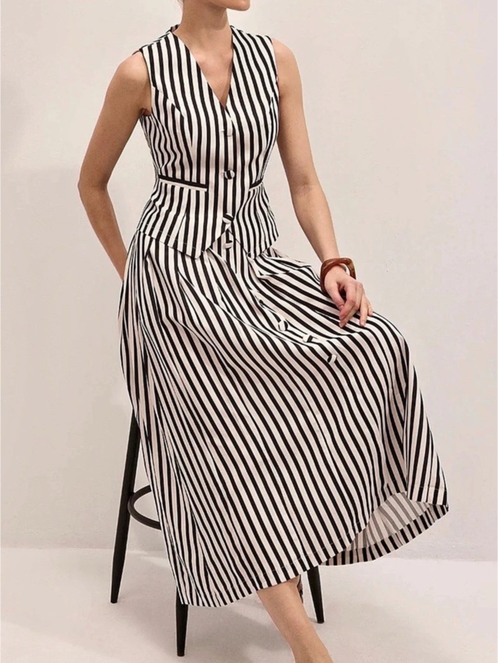 Commense Striped Sleeveless Vest & Maxi Skirt Set Black & White M - Picture 3 of 10